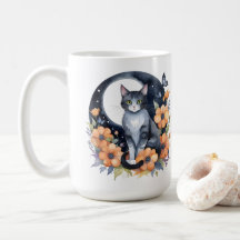 Gato Negro Elegante Arte Floral de Luna Amante de
