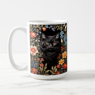 Taza De Café Gato Negro Elegante Floral Colorido