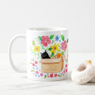 Taza De Café Gato Negro en una Caja con Flores Arte Dibujado a
