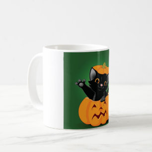 Taza De Café Gato Negro En Una Muñeca De Calabaza