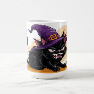 Taza De Café Gato Negro Enojado Con Sombrero De Bruja Resplando