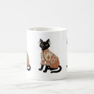 Taza de café gato negro floral de terracota
