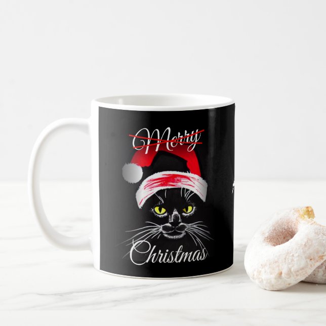 Taza De Café Gato negro furioso de navidad personalizada (Con donut)