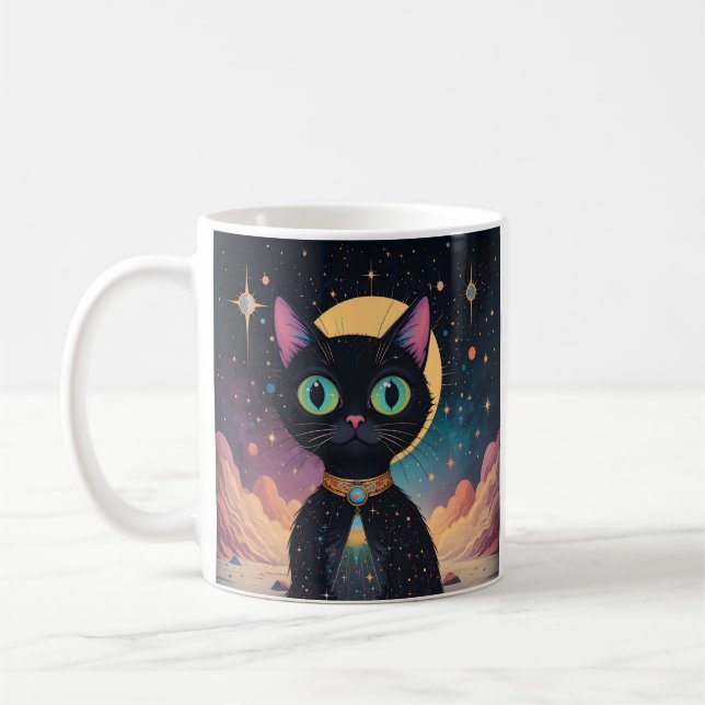 Taza De Café Gato negro futurista atómico en luz de la luna (Izquierda)