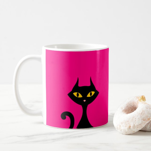 Taza De Café Gato negro gitano con fondo rosado (Con donut)