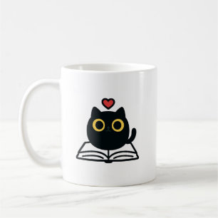 Taza De Café Gato negro kawaii lindo leyendo libro Cartoon