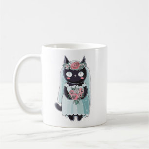 Taza De Café Gato negro kawaii lindo que lleva un velo