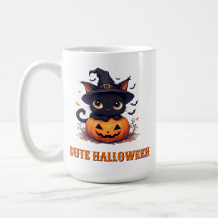 Taza De Café Gato negro Kawaii sosteniendo calabaza Halloween �