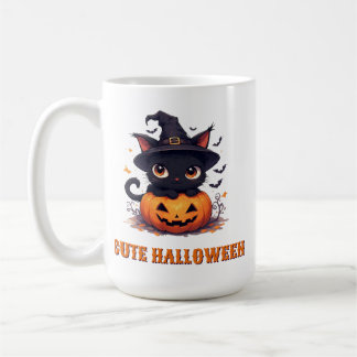 Taza De Café Gato negro Kawaii sosteniendo calabaza Halloween �