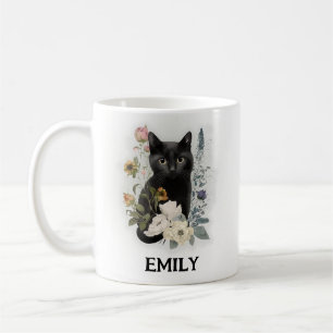 Taza De Café Gato negro lindo acuarela flores nombre