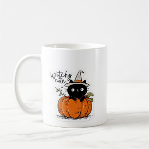 Taza De Café Gato negro lindo en calabaza con sombrero de bruja