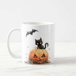 Taza De Café Gato negro lindo en Halloween de calabaza