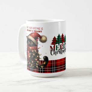 Taza De Café Gato negro lindo enredado en luces Navidades