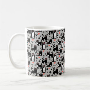 Taza De Café Gato negro lindo patrón sin fisuras en un gris cla