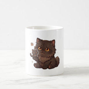 Taza De Café Gato negro lindo y esponjoso y gatito bebé