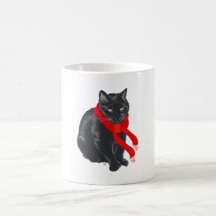 Taza De Café Gato Negro Manteniéndose Caliente en Navidad