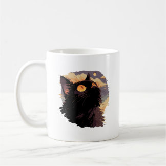 Taza De Café Gato negro mirando con una noche mística