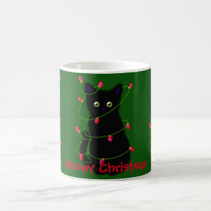 Taza De Café Gato negro Navidades Meowy luces de trineo
