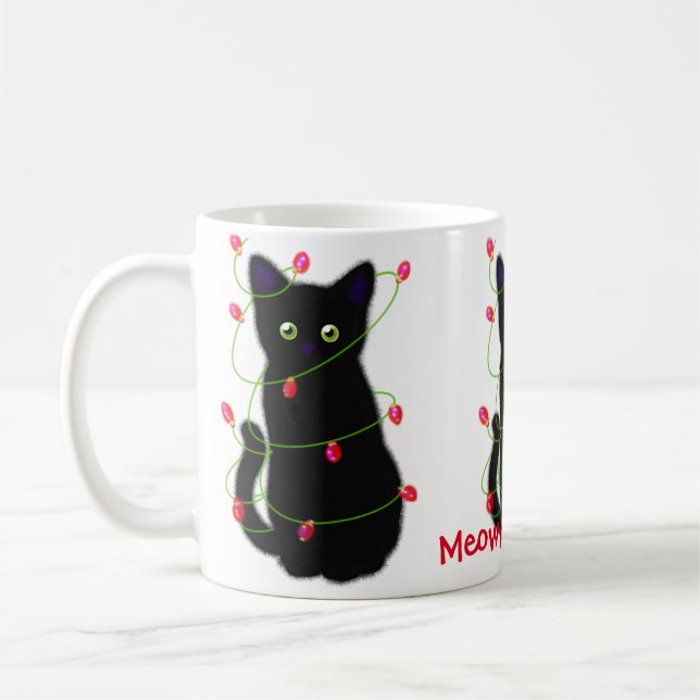 Taza De Café Gato negro | Navidades Meowy | luces de trineo (Izquierda)