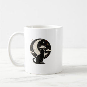 Taza De Café Gato negro vintage bajo luna creciente   Minimalis