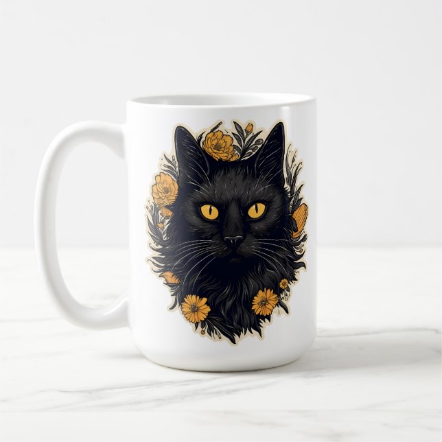 Taza De Café Gato negro y flores amarillas (Izquierda)