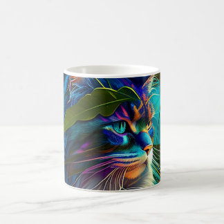Taza De Café Gato neón colorido en flores tropicales arte de IA