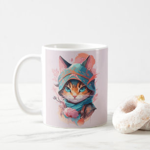 Taza De Café Gato Ninja Encapuchado en Acuarela Linda