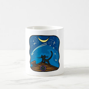 Taza De Café Gato Nocturno En Un Tejado