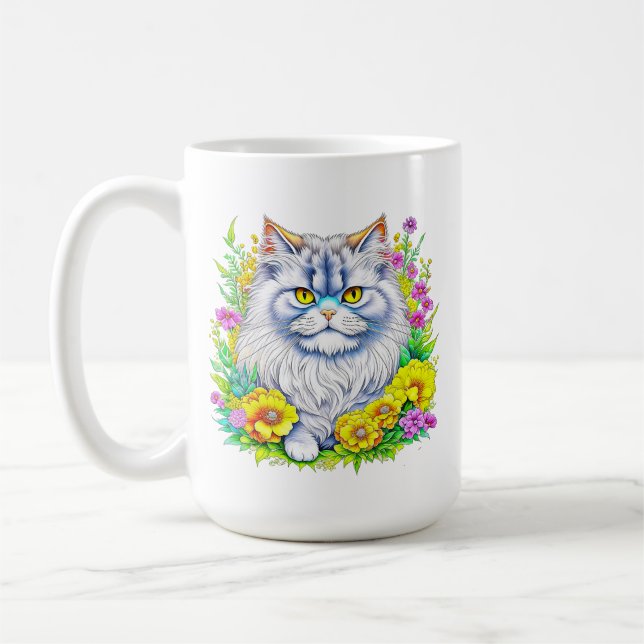 Taza De Café Gato persa blanco con flores personalizado (Izquierda)