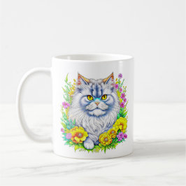 Taza De Café Gato persa blanco en las flores