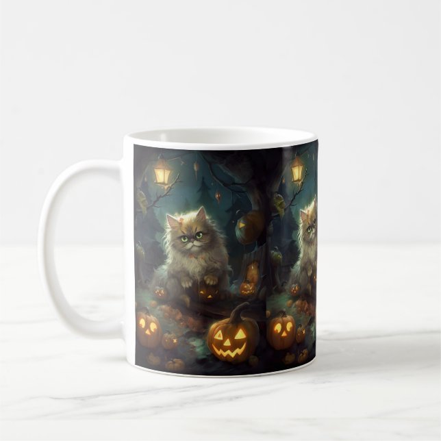 Taza De Café Gato persa de Halloween con calabazas aterradoras (Izquierda)