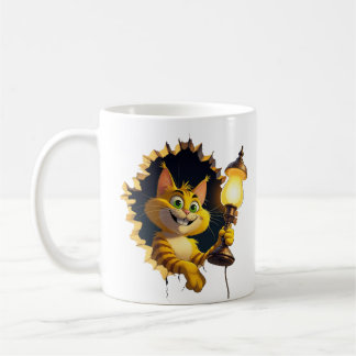 Taza De Café Gato Personalizado caprichoso sosteniendo una lámp