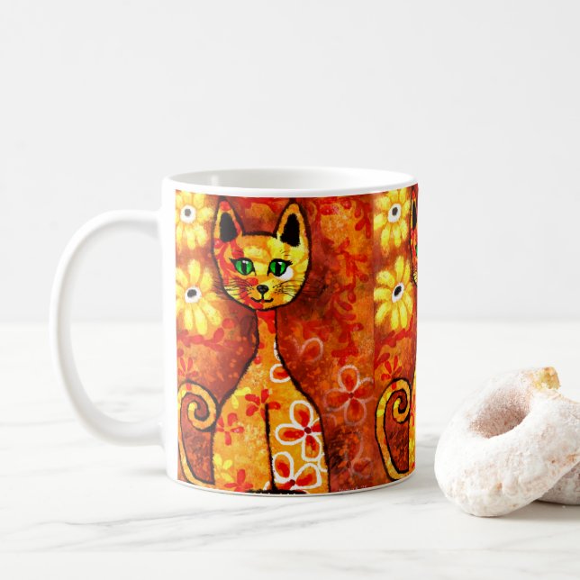 Taza De Café Gato retro caprichoso Kitty Floral Naranja amarill (Con donut)