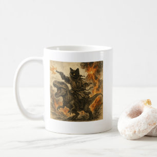 Taza De Café Gato Samurái Montando Dinosaurio en Erupción Volcá