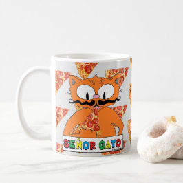 Taza De Café Gato Señor Bigote de Dibujos Animados Comiendo Piz