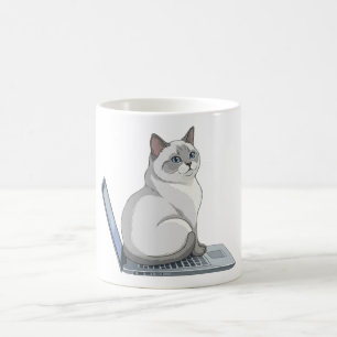 Taza De Café Gato Sentado en Teclado de Portátil Gato Trabajado