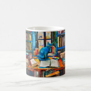 Taza De Café Gato sentado entre libros abiertos sobre la mesa