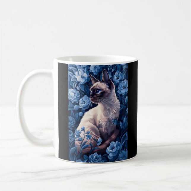 Taza De Café Gato siamés en flores azules (Izquierda)