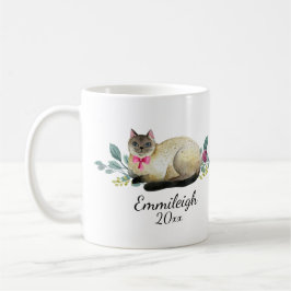 Taza De Café Gato siamés personalizado floral púrpura blanco