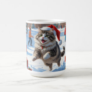 Taza De Café Gato Siberiano Corriendo en la Nieve con Sombrero
