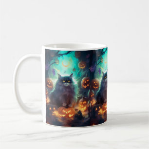 Taza De Café Gato siberiano de Halloween con calabazas aterrado