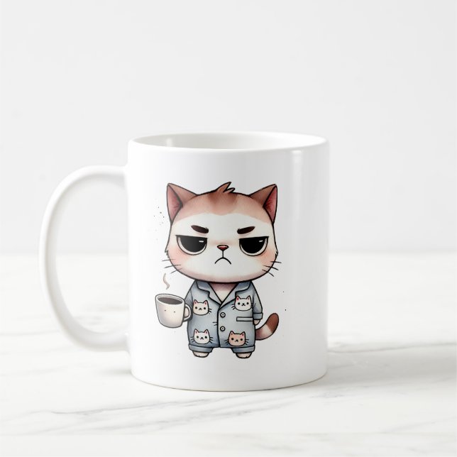 Taza De Café Gato somnoliento con café, gatito gruñón, gato pij (Izquierda)