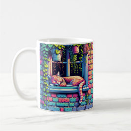 Taza De Café Gato somnoliento en alféizar Arte de IA