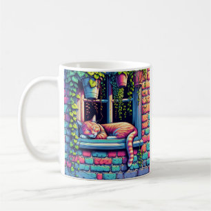 Taza De Café Gato somnoliento en alféizar Arte de IA
