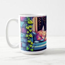 Taza De Café Gato Soñoliento en Alféizar Arte de IA
