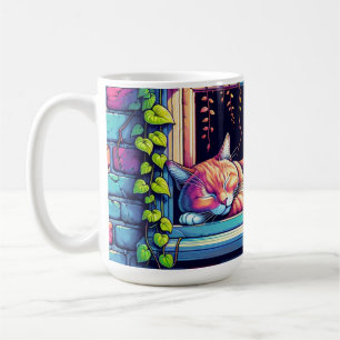 Taza De Café Gato Soñoliento en Alféizar Arte de IA