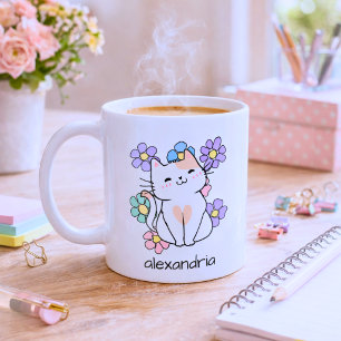 Taza De Café Gato Sonriente con Monograma de Flores