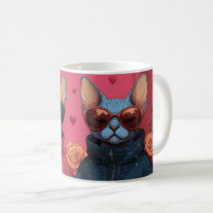 Taza De Café Gato Sphynx con Rosas del Corazón Día de San Valen