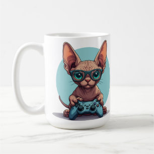 Taza De Café Gato Sphynx sosteniendo un control de juego