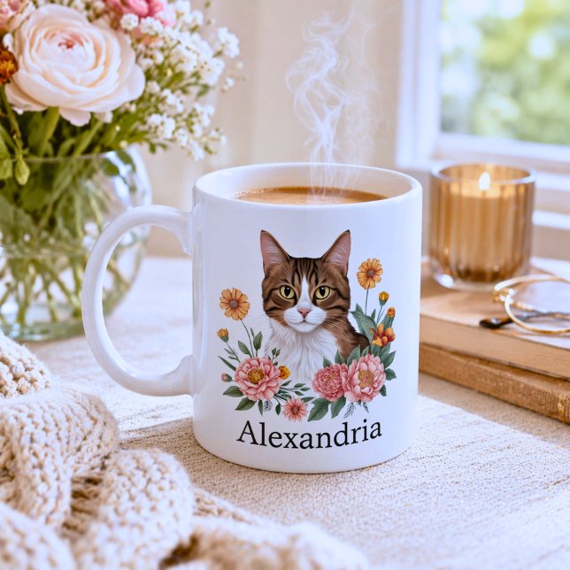 Taza De Café Gato Tabby Dulce con Flores  (Subido por el creador)